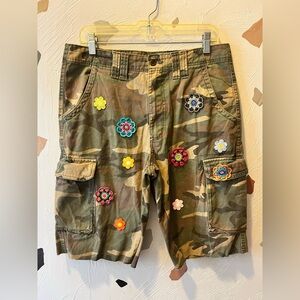 Upcycled by Me Crochet Floral Camo Jorts size 30/32